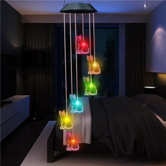Cat Solar Wind Chimes for Outside Colors Changing Waterproof Decorative Lights - Picture 4 of 7